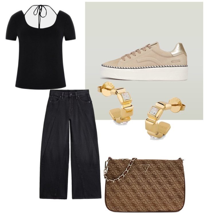 Outfit mujer - Casual #6695. Estilo Casual para Todos los días. Combinación con sneakers, top, vaqueros, pochette, pendientes.