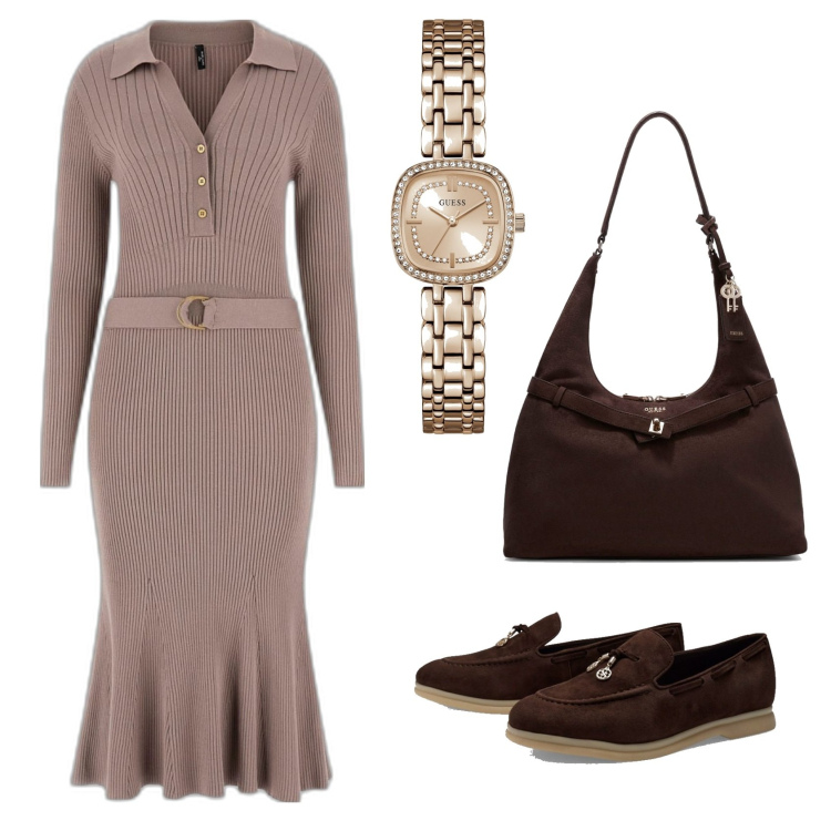Outfit mujer - Bon ton. Estilo Bon Ton para Todos los días. Combinación con vestidos midi/longuettes, mocasines, bolsos de hombro, relojes analógicos.