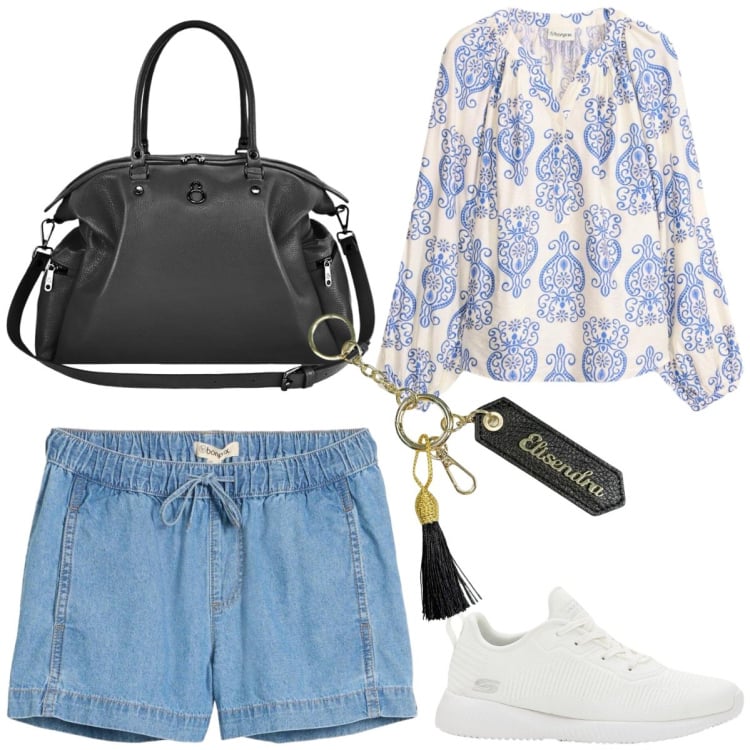Outfit donna - Stampe che illuminano Curvy. Stile Boho per Tutti i giorni. Abbinamento con shorts, sneakers, bluse, shopping bag, portachiavi.
