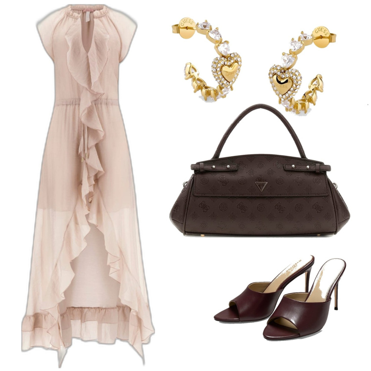 Outfit mujer - Glamour. Estilo Glamour para Todos los días. Combinación con sandalias de tacón, vestidos largos, bolsos de mano, pendientes.