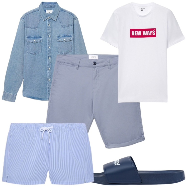 Outfit uomo - Total look #2442055. Stile Trendy per Mare. Abbinamento con camicie, shorts, costumi, t-shirt, sandali.
