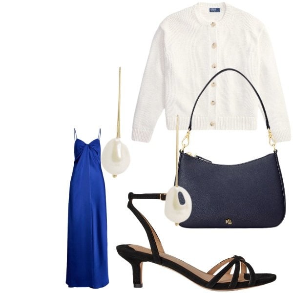 Outfit donna - casual. Abbinamento con borse a spalla, sandali col tacco, orecchini, vestiti senza maniche, cardigans.