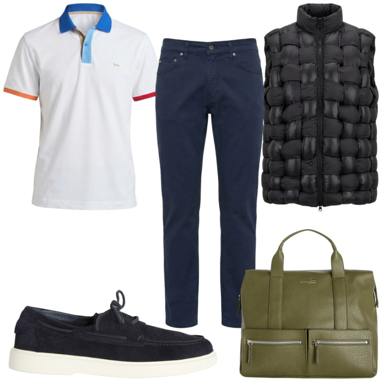Outfit uomo - Total look #2442059. Stile Casual per Tutti i giorni. Abbinamento con scarpe stringate, borse sportive, polo, pantaloni, gilet.