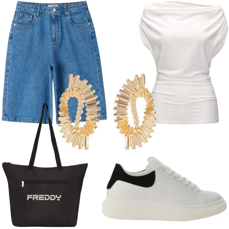 Outfit donna - Summer Holidays. Stile Trendy per Tutti i giorni. Abbinamento con top, bermuda, shopping bag, orecchini, sneakers.