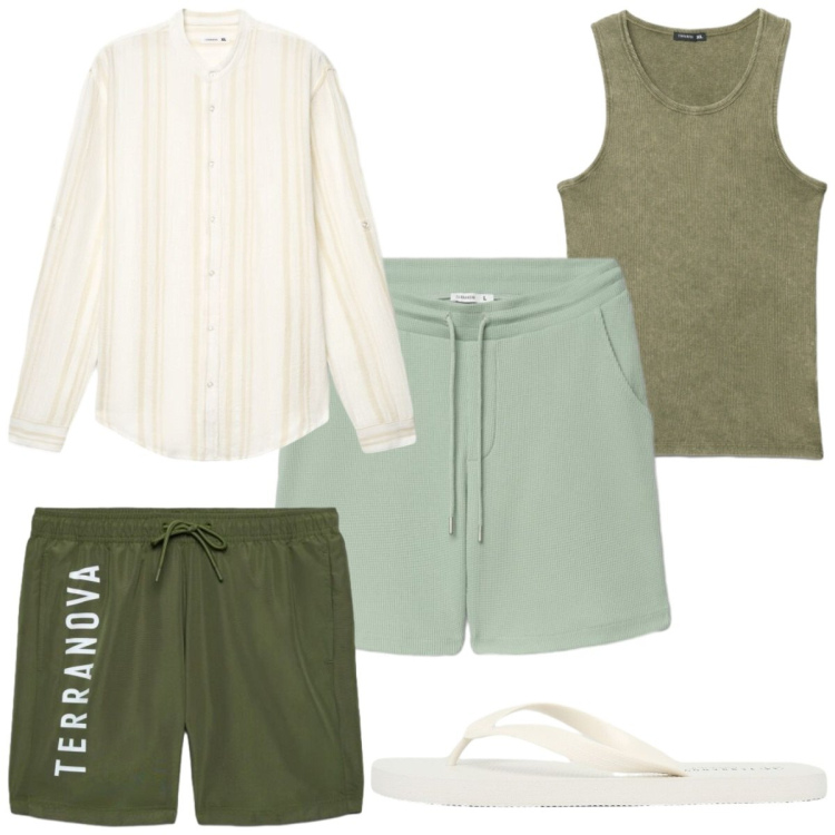 Outfit uomo - Total look #2442061. Stile Trendy per Mare. Abbinamento con costumi, sandali, camicie, canottiere, bermuda.