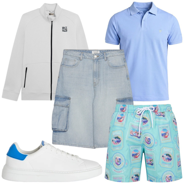 Outfit uomo - Total look #2442065. Stile Trendy per Mare. Abbinamento con sneakers, polo, costumi, pantaloni corti, felpe.