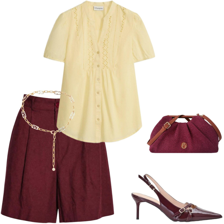Outfit donna - Camicetta con ricami traforati. Stile Casual per Serata fuori. Abbinamento con camicie a manica corta, shorts, décolleté, cinture, clutch.