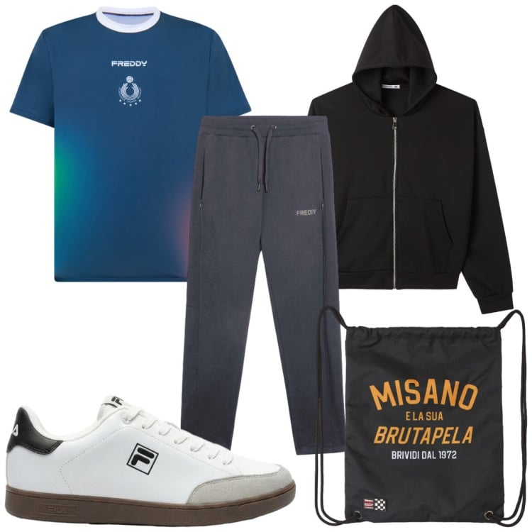 Outfit uomo - Total look #2442069. Stile Trendy per Sport. Abbinamento con sneakers, borse sportive, felpe con cappuccio, pantaloni, t-shirt.