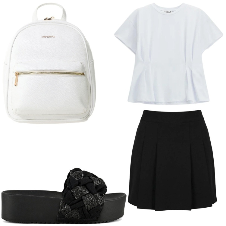 Outfit donna - Summer Holidays. Stile Preppy per Tutti i giorni. Abbinamento con minigonne, t-shirt, zaini, ciabatte.