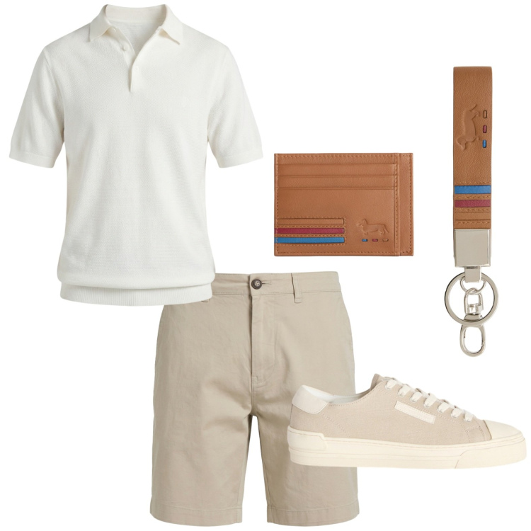 Outfit uomo - Valigia uomo per le vacanze. Stile Trendy per Tutti i giorni. Abbinamento con sneakers, portachiavi, portafogli, polo, bermuda.