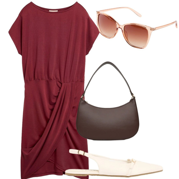 Outfit donna - Vestito lowcost Bonprix. Stile Chic per Serata fuori. Abbinamento con occhiali da sole, ballerine, vestiti, borse a tracolla.
