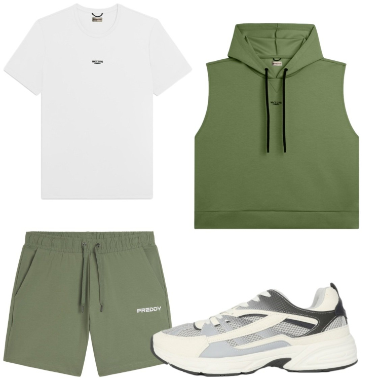 Outfit uomo - Total look #2442079. Stile Casual per Sport. Abbinamento con sneakers, felpe con cappuccio, pantaloni corti, t-shirt.