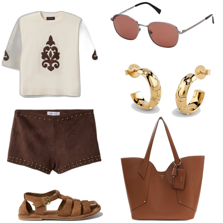 Outfit mujer - Chic #7127. Estilo Chic para Todos los días. Combinación con camiseta, shorts, sandalias de piel, gafas de sol, bolso shopper, pendientes.