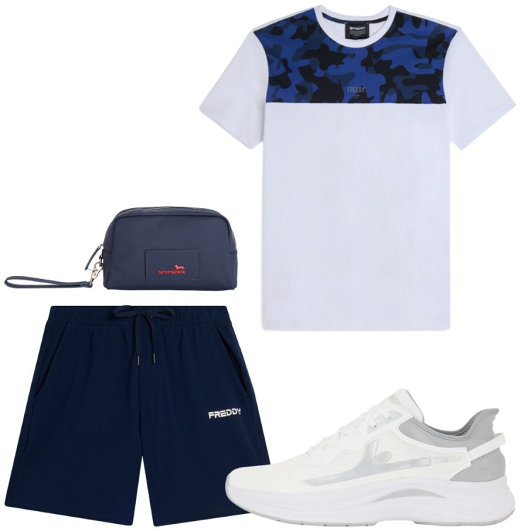 Outfit uomo - Sport. Stile Casual per Sport. Abbinamento con borse sportive, sneakers, pantaloni corti, t-shirt.