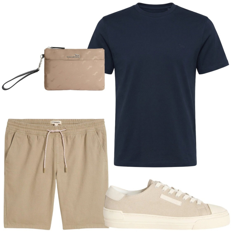 Outfit uomo - Partenze in comodità. Stile Casual per Tutti i giorni. Abbinamento con bermuda, sneakers, borse sportive, t-shirt.