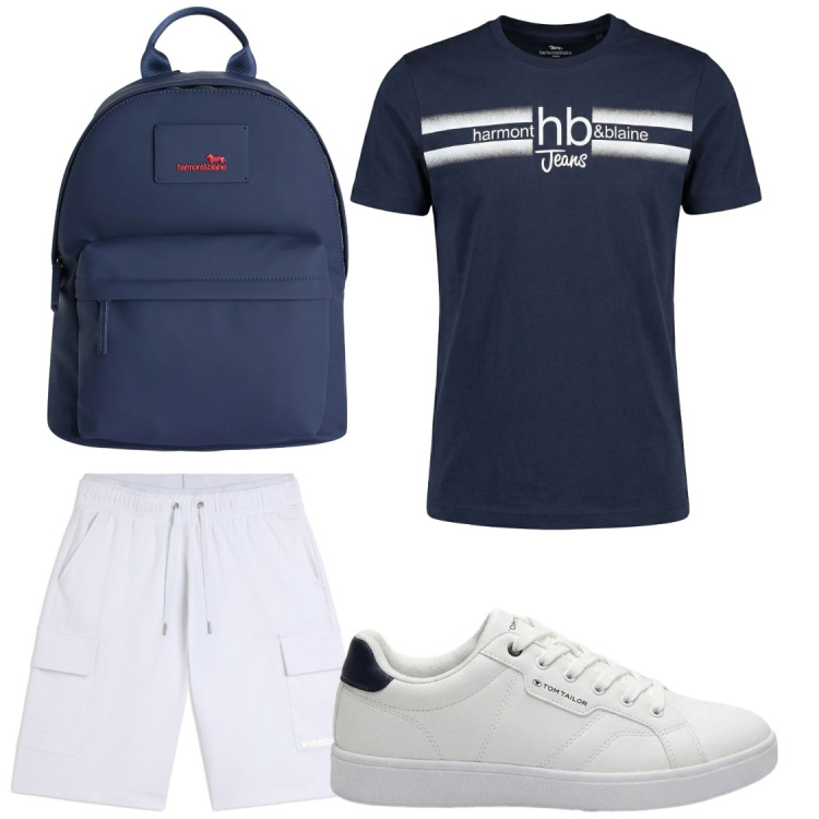 Outfit uomo - Partenze in comodità. Stile Casual per Tutti i giorni. Abbinamento con sneakers, borse sportive, t-shirt, bermuda.