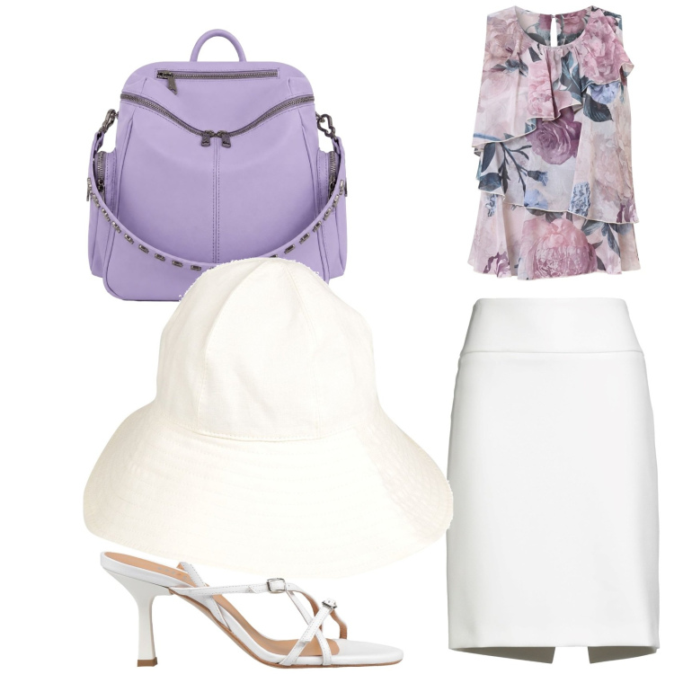 Outfit donna - Bianco e lilla bon ton. Stile Chic per Tutti i giorni. Abbinamento con minigonne, cappelli, sandali in pelle, zaini, top.