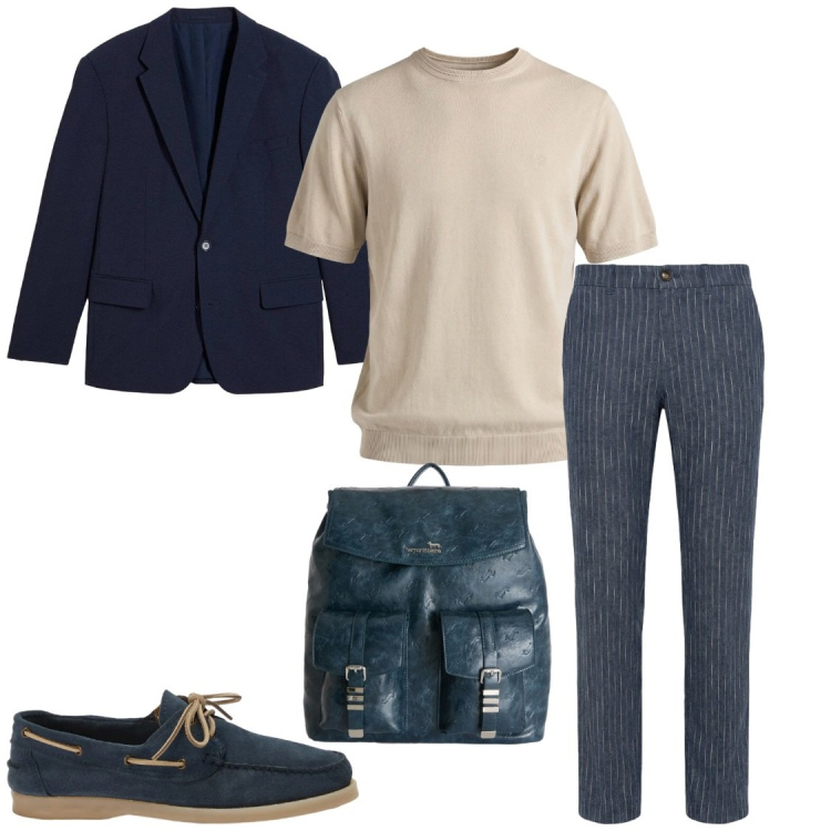 Outfit uomo - Business in viaggio. Stile Business/Elegante per Ufficio. Abbinamento con giacche, borse sportive, scarpe stringate, t-shirt, pantaloni.