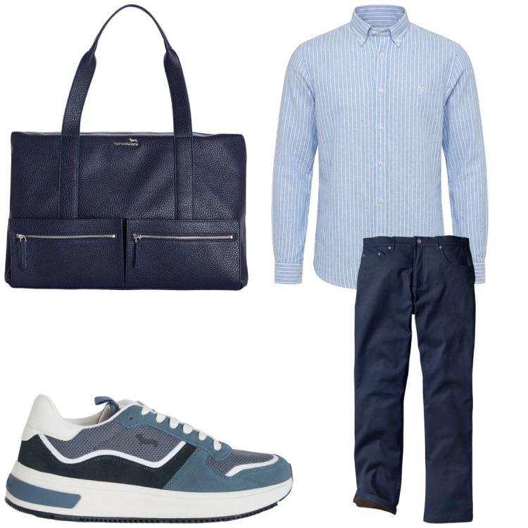 Outfit uomo - Alle 09.00 ho l\'aereo. Stile Business/Elegante per Ufficio. Abbinamento con pantaloni, borse sportive, sneakers, camicie.