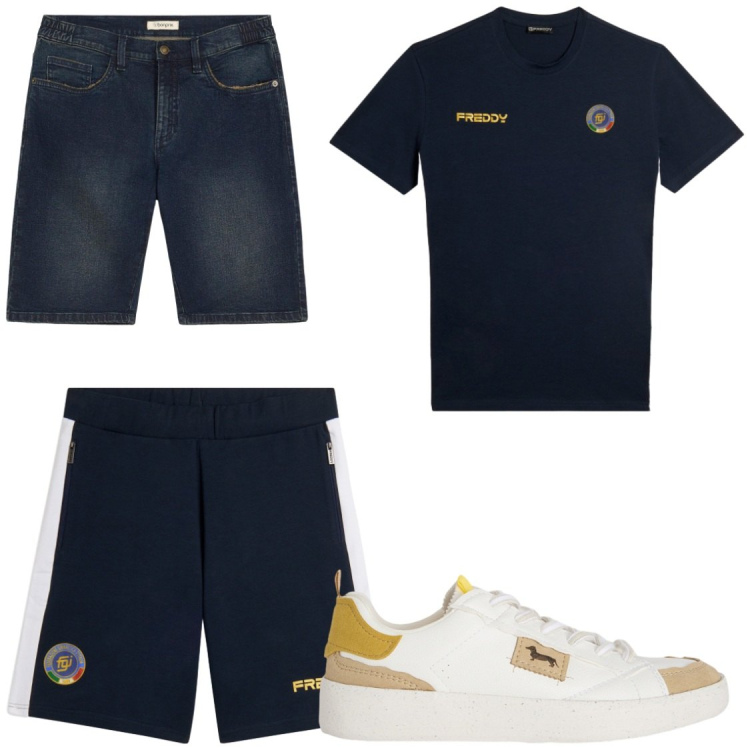 Outfit uomo - Completi da mettere in valigia. Stile Casual per Tutti i giorni. Abbinamento con bermuda, sneakers, t-shirt sportive, pantaloncini sportivi.