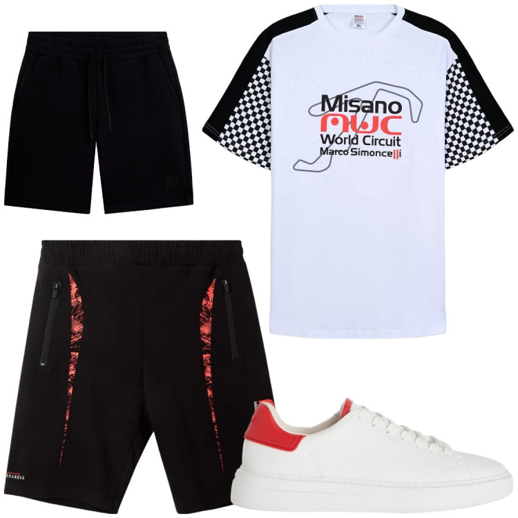 Outfit uomo - In valigia. Stile Casual per Tutti i giorni. Abbinamento con sneakers, t-shirt sportive, pantaloncini sportivi, pantaloni corti.