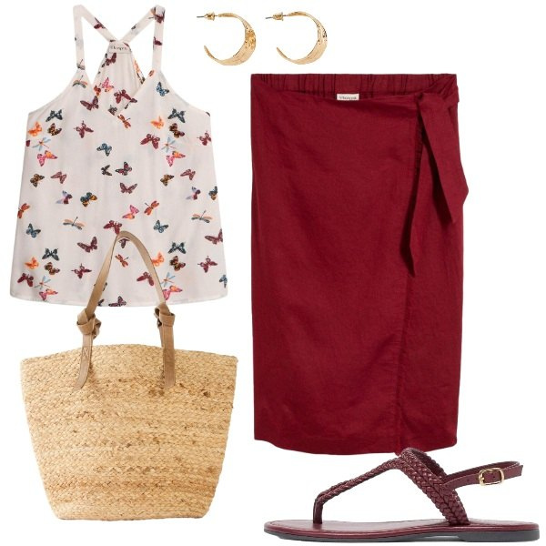 Outfit donna - Volano farfalle. Stile Casual chic per Tutti i giorni. Abbinamento con shopping bag, gonne longuette, orecchini, ciabatte, top.