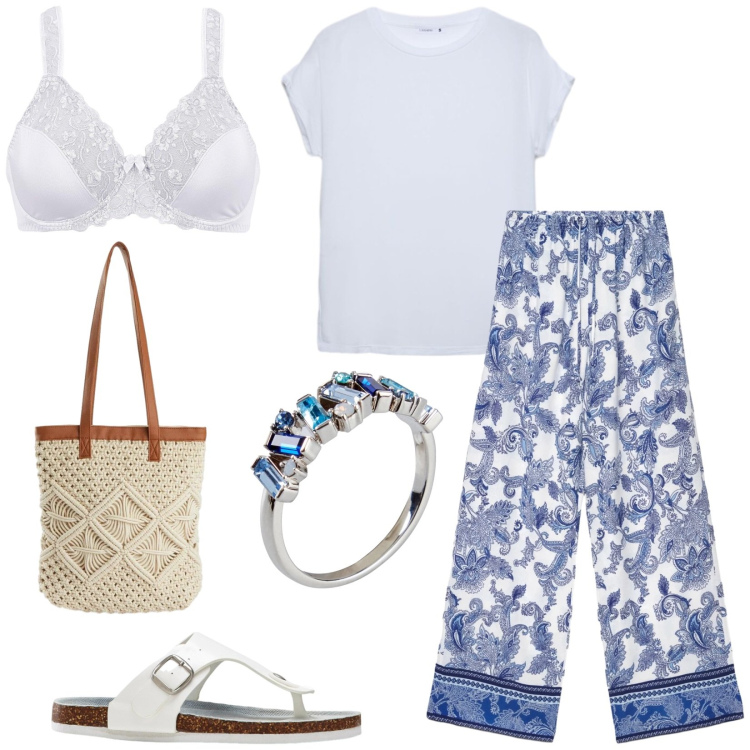 Outfit donna - Total look #2442096. Stile Casual per Tutti i giorni. Abbinamento con reggiseni, infradito, anelli, shopping bag, pantaloni, t-shirt.