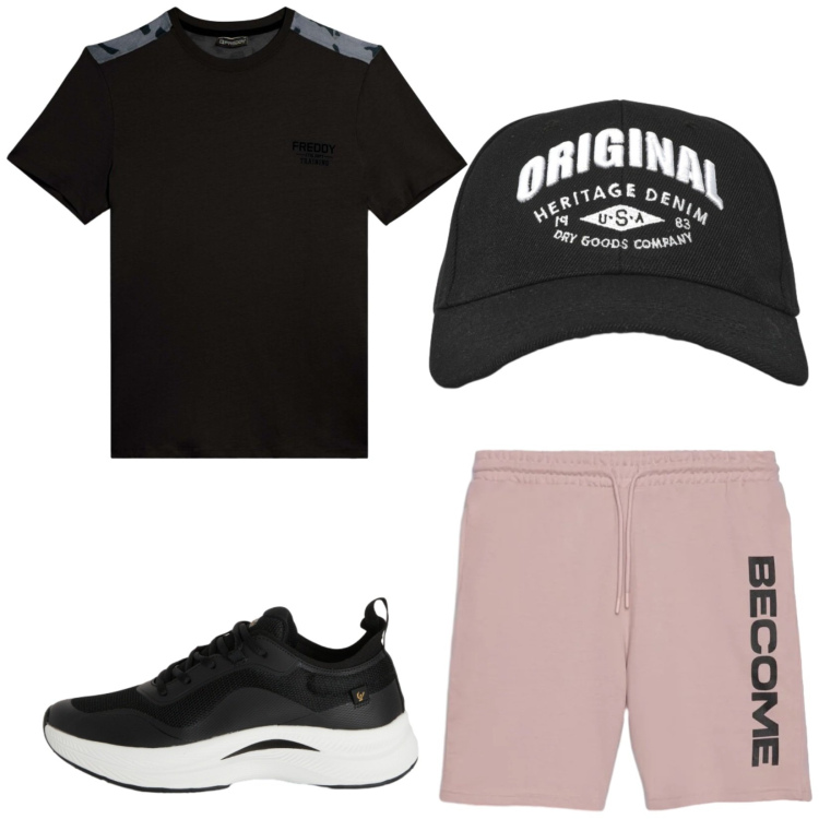 Outfit uomo - Total look #2442097. Stile Casual per Sport. Abbinamento con cappelli con visiera, bermuda, t-shirt, sneakers.