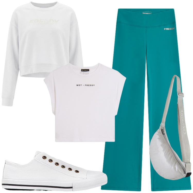 Outfit donna - Total look #2442098. Stile Sporty chic per Sport. Abbinamento con sneakers, pantaloni, t-shirt, felpe, borse a tracolla.