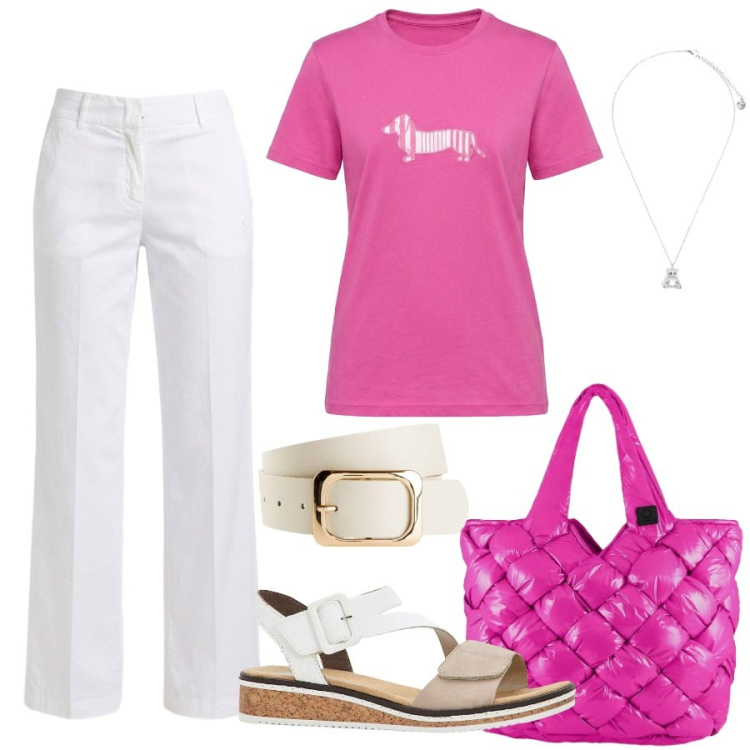 Outfit donna - Total look #2442101. Stile Casual chic per Tutti i giorni. Abbinamento con cinture, sandali, t-shirt, pantaloni, ciondoli, borse tote.