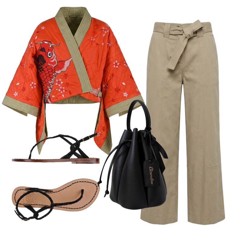 Outfit donna - Kimono. Stile Etnico per Tutti i giorni. Abbinamento con infradito, pantaloni, borse a secchiello, kimono.
