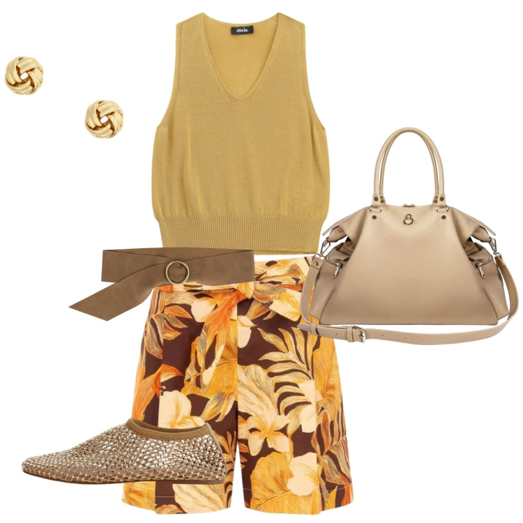 Outfit donna - Terra e oro. Stile Casual chic per Tutti i giorni. look ideale per Tall. Abbinamento con shopping bag, orecchini, cinture, top, ballerine, pantaloni corti.