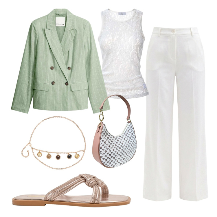 Outfit donna - Look fresco e naturale. Stile Casual chic per Serata fuori. Abbinamento con blazer, top, borse a spalla, cinture, sandali, pantaloni.