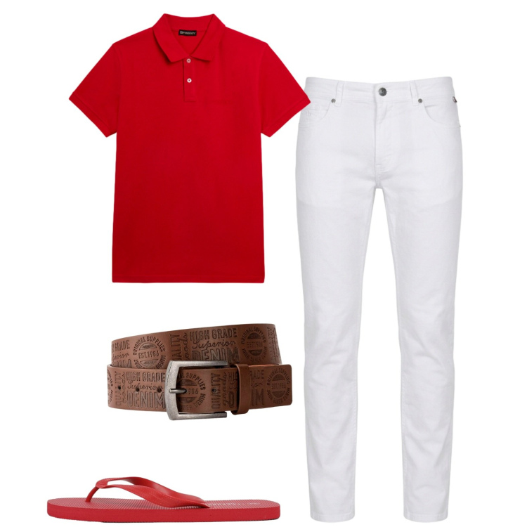 Outfit uomo - Total look #2442112. Stile Trendy per Mare. Abbinamento con cinture, pantaloni, sandali, polo.