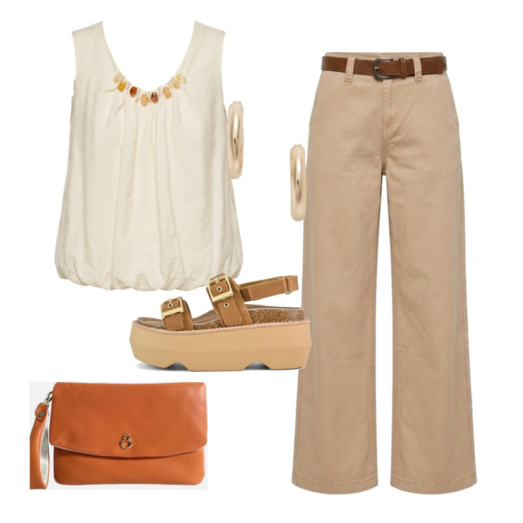 Outfit donna - Ambra minimal. Stile Glamour per Tutti i giorni. look ideale per Tall. Abbinamento con pochette, orecchini, pantaloni, top, sandali col tacco.