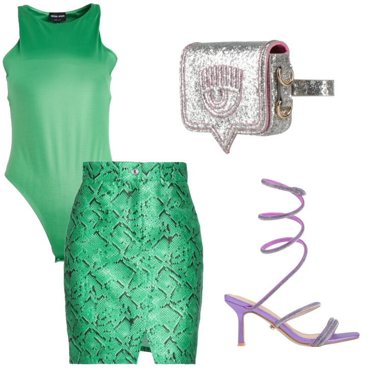Outfit donna - Total look #2442119. Stile Sexy per Serata fuori. Abbinamento con marsupi, body, minigonne, sandali col tacco.