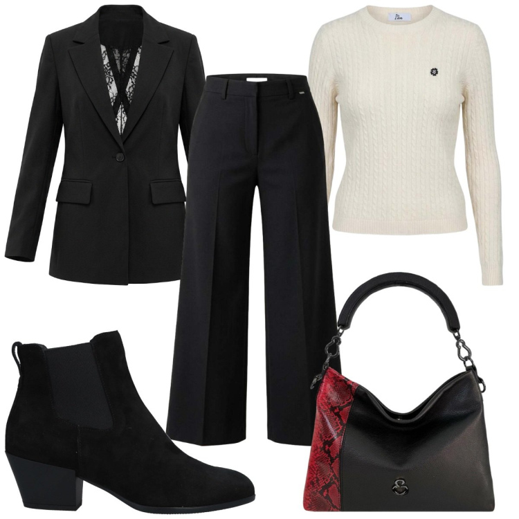 Outfit donna - Total look #2442120. Stile Mannish per Ufficio. Abbinamento con stivaletti chelsea, blazer, pantaloni, maglieria, borse a mano.
