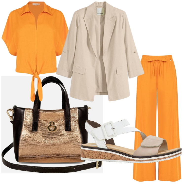 Outfit donna - Must-have in lino. Stile Casual per Tutti i giorni. Abbinamento con sandali, blazer, borse a mano, pantaloni a palazzo, camicie a manica corta.