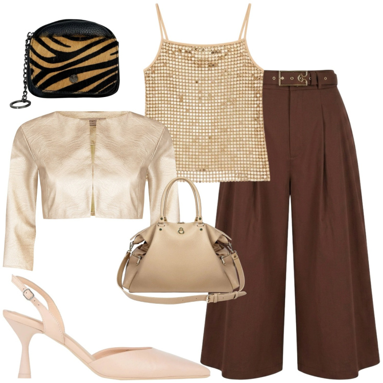 Outfit donna - Casual chic. Stile Casual chic per Tutti i giorni. Abbinamento con décolleté, shopping bag, portachiavi, bolero, top, pantaloni capri.