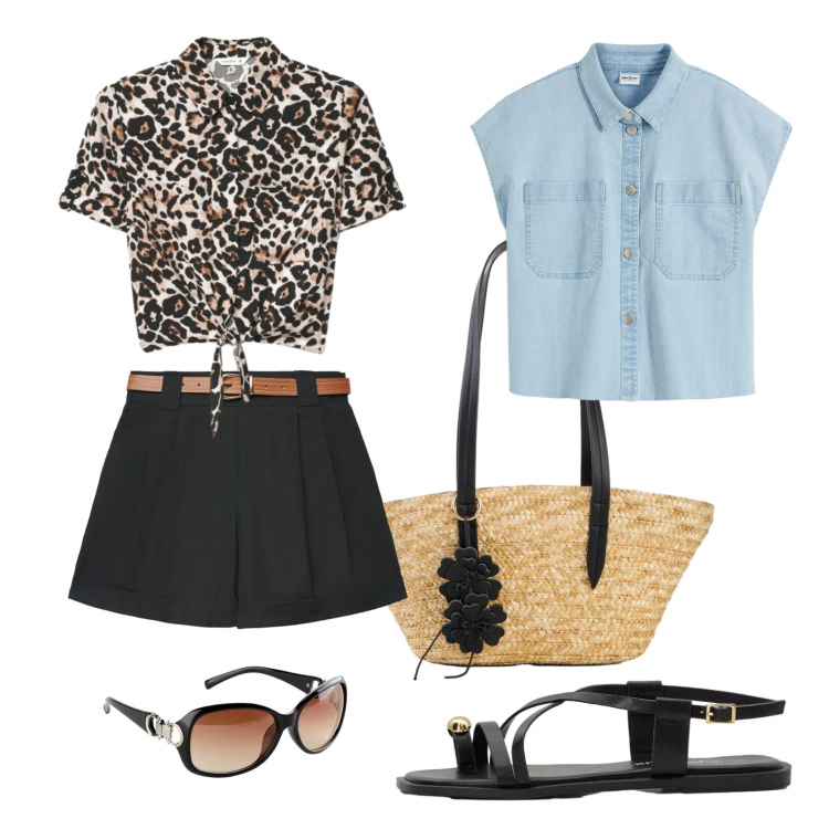 Outfit donna - Valigia per le vacanze. Stile Casual per Mare. Abbinamento con shopping bag, camicie, occhiali da sole, sandali, shorts, camicie a manica corta.