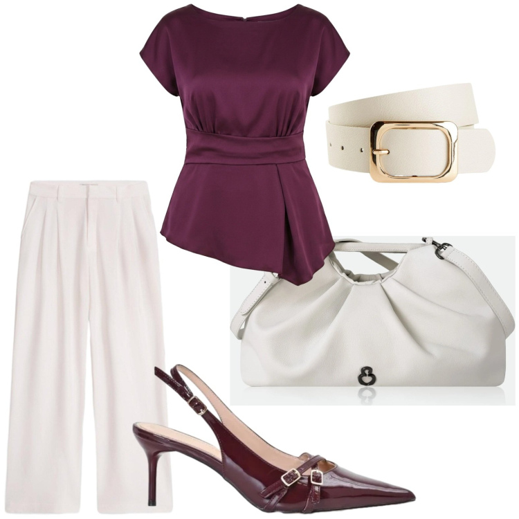 Outfit donna - Aperitivo d’estate. Stile Glamour per Serata fuori. Abbinamento con cinture, pantaloni, clutch, bluse, décolleté.