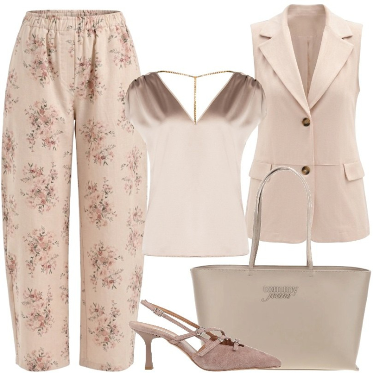 Outfit donna - Ufficio d\'estate. Stile Casual chic per Ufficio. Abbinamento con décolleté, top, gilet, pantaloni, borse a spalla.