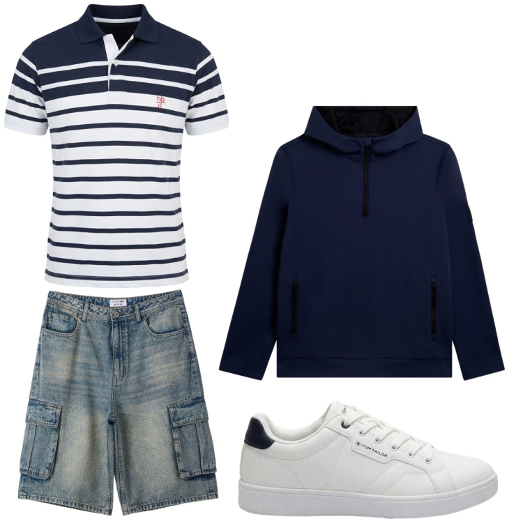 Outfit uomo - Righe. Stile Trendy per Tutti i giorni. Abbinamento con sneakers, polo, pantaloni corti, felpe con cappuccio.