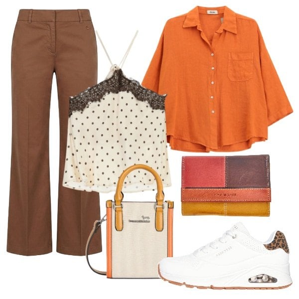 Outfit donna - La regina della savana. Stile Etnico per Tutti i giorni. Abbinamento con borse tote, pantaloni, camicie, top, sneakers alte, portafogli.