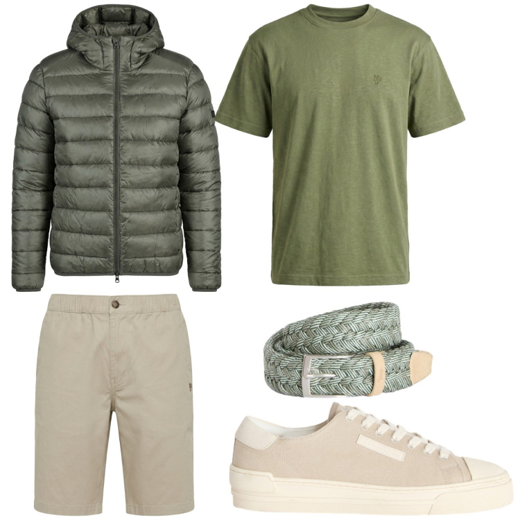 Outfit uomo - Campeggio style. Stile Trendy per Tutti i giorni. Abbinamento con sneakers, t-shirt, cinture, bermuda, giacche.