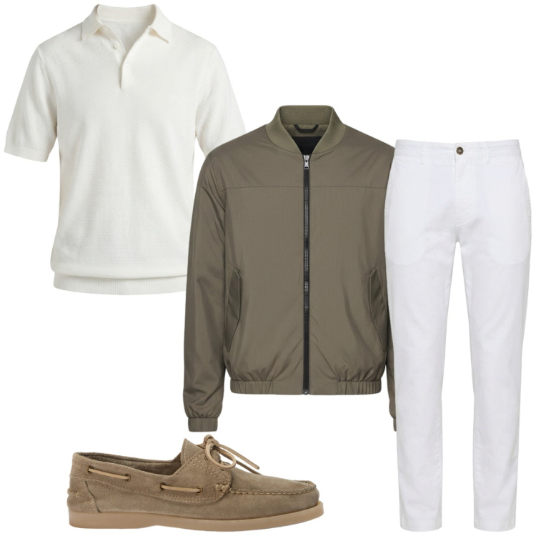 Outfit uomo - Tonalità estive. Stile Trendy per Tutti i giorni. Abbinamento con scarpe stringate, pantaloni, polo, bomber.
