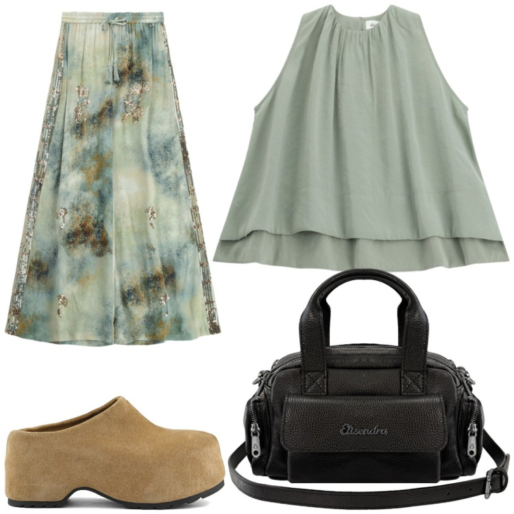 Outfit donna - Elisendra. Stile Boho per Tutti i giorni. Abbinamento con borse a mano, pantaloni a palazzo, top, zoccoli.