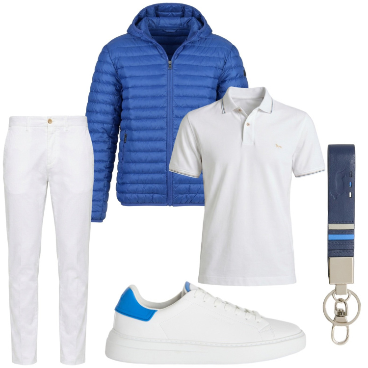 Outfit uomo - Guardaroba estivo. Stile Trendy per Tutti i giorni. Abbinamento con portachiavi, sneakers, polo, pantaloni chino, piumini.