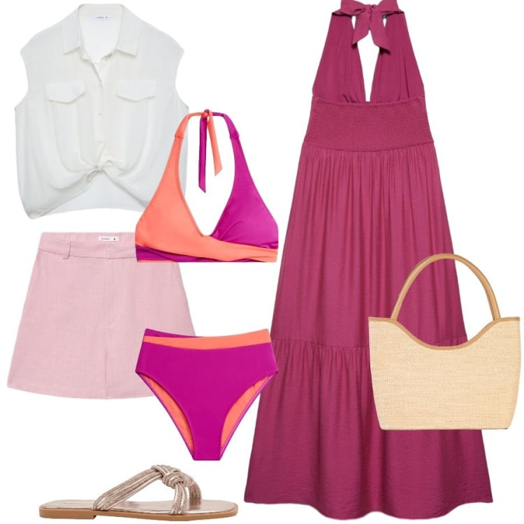 Outfit donna - Valigia per le vacanze. Stile Casual chic per Mare. Abbinamento con bikini, shopping bag, vestiti lunghi, camicie a manica corta, bermuda, sandali.