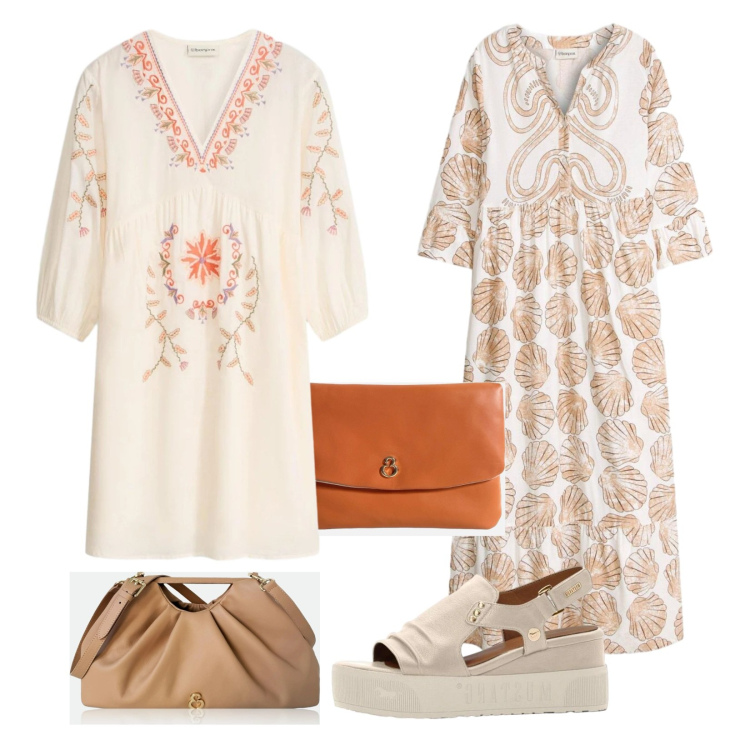 Outfit donna - Outfit per le vacanze. Stile Casual chic per Mare. Abbinamento con sandali, vestiti, vestiti corti, pochette, clutch.